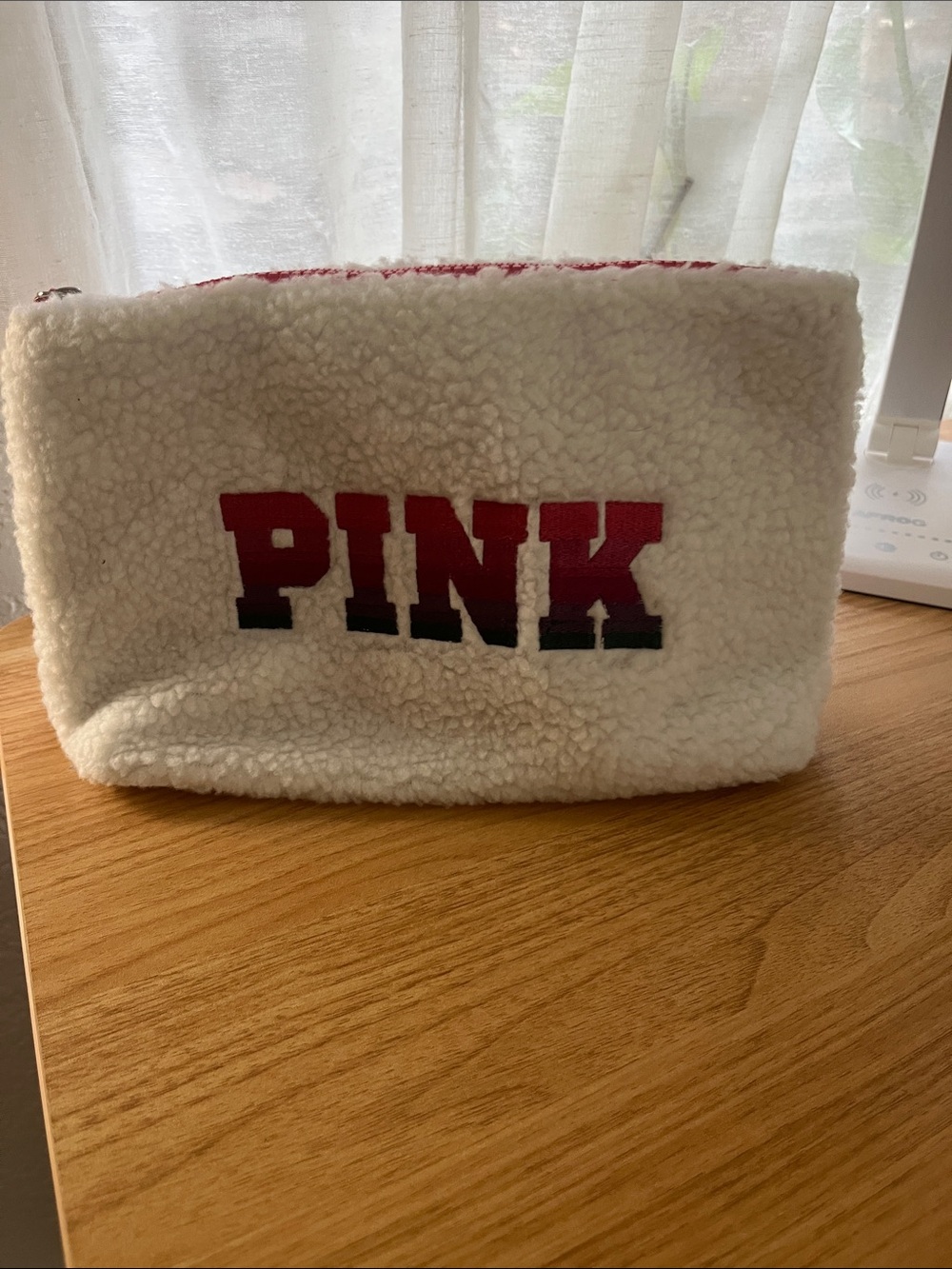 PINK Victoria's Secret Sherpa Cosmetic Pouch - Cream with Pink Logo